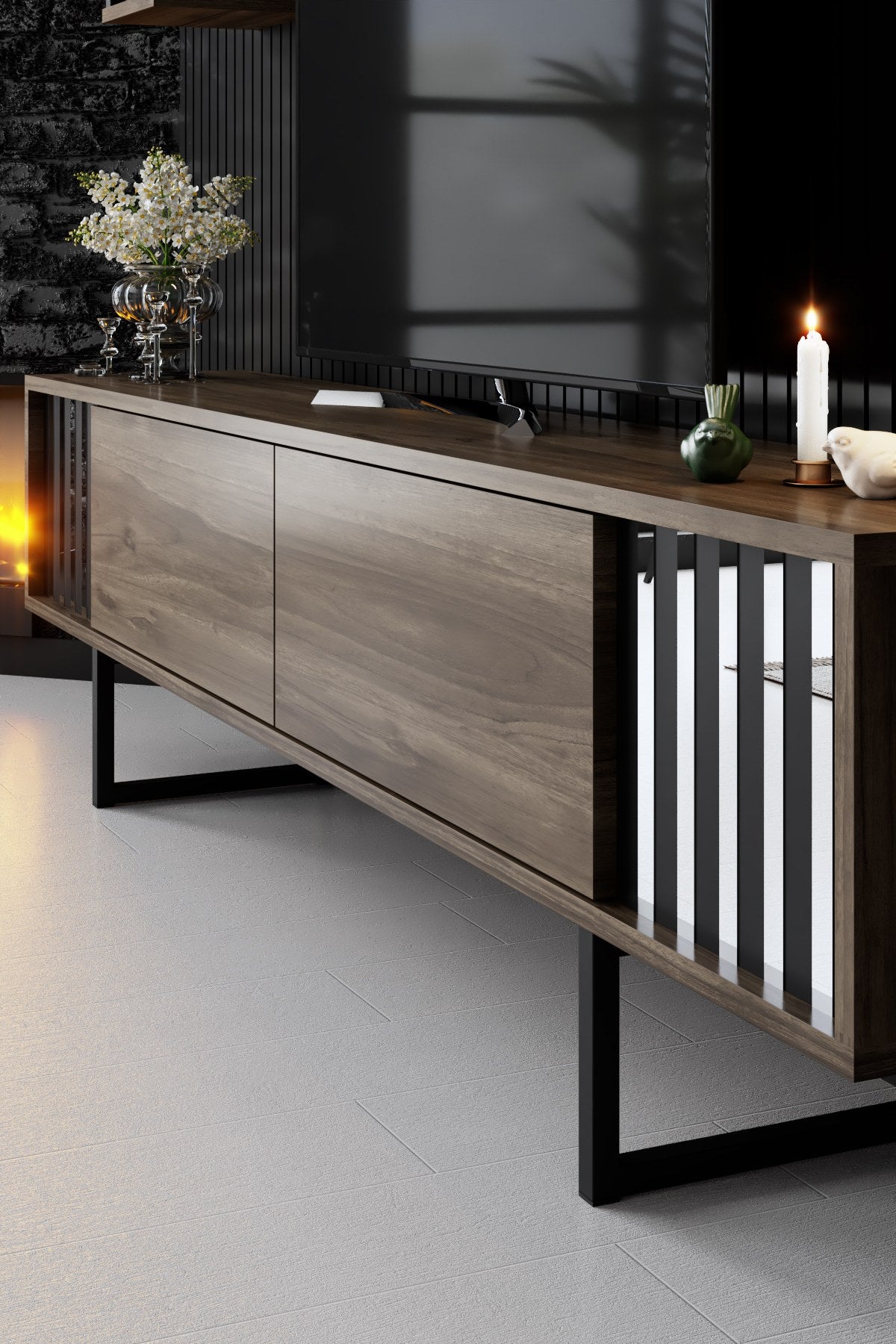 TV Furniture - TV Furniture Set Chrome Line Walnut Black Melamine 180x48x30 cm - Dimehouse