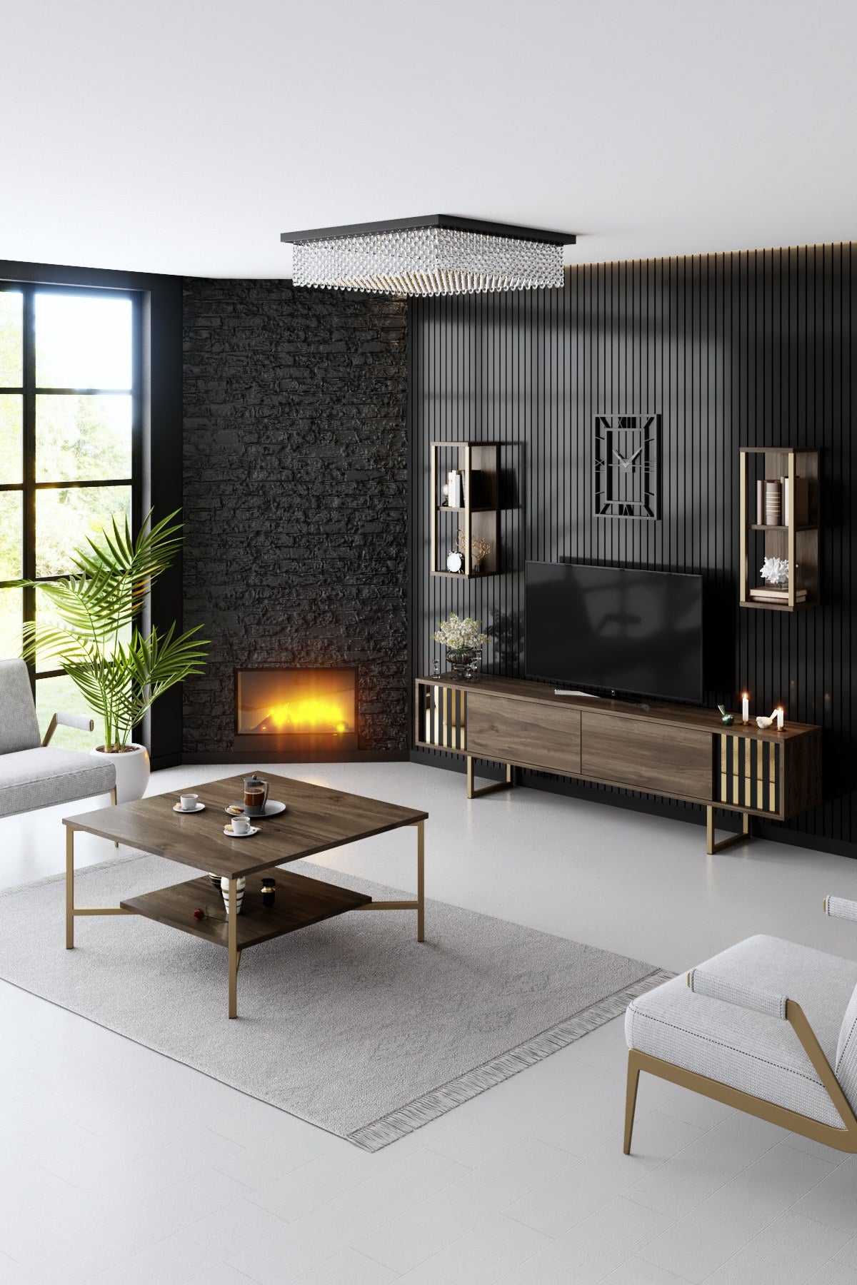 TV Furniture - TV Furniture Set Gold Line Walnut Black Melamine 180x48x30 cm - Dimehouse