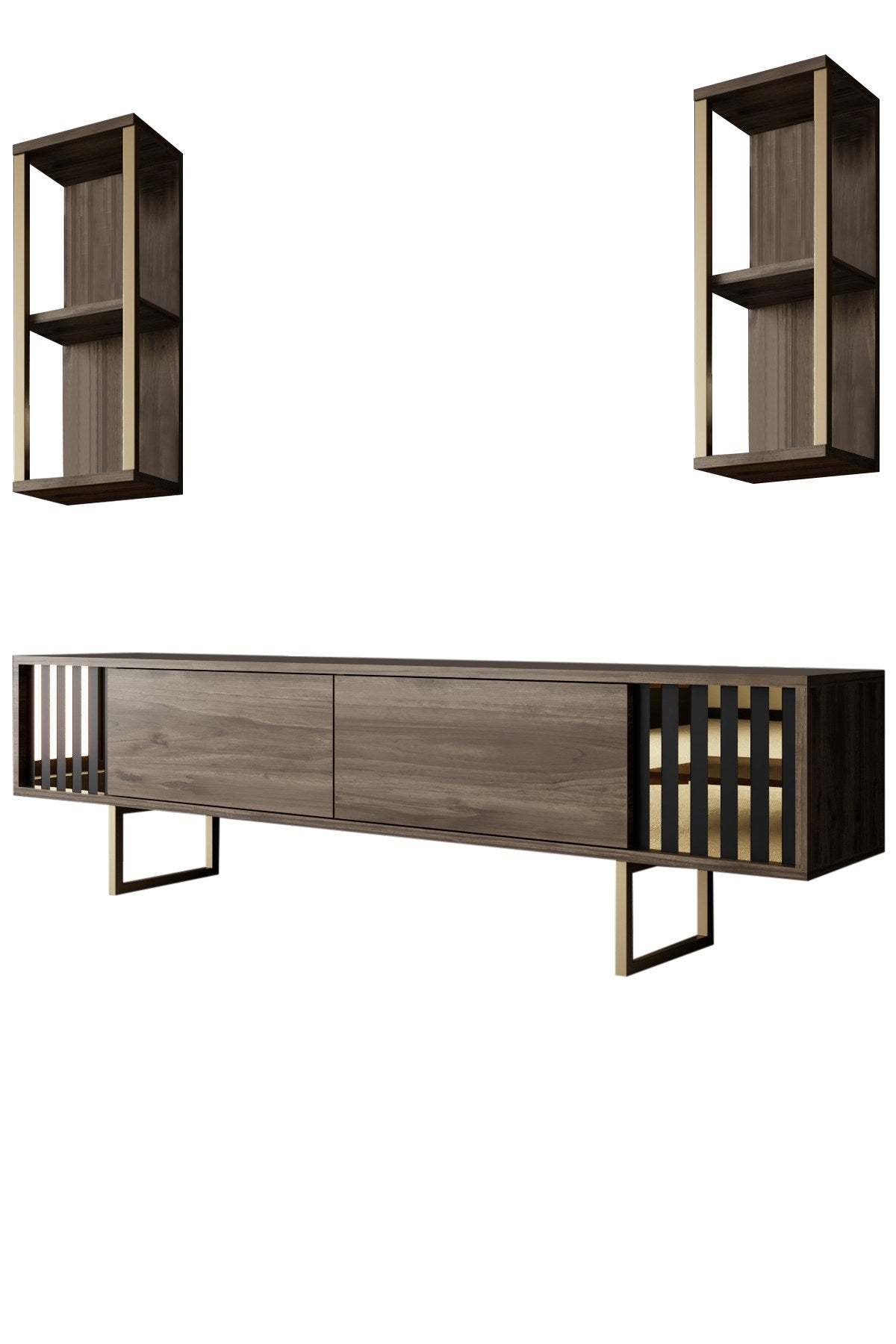 TV Furniture - TV Furniture Set Gold Line Walnut Black Melamine 180x48x30 cm - Dimehouse