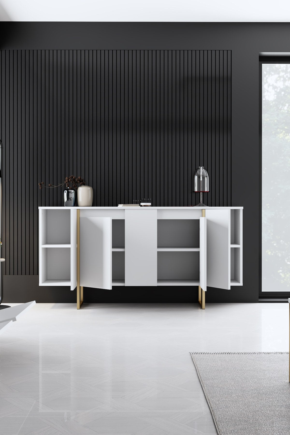 Sideboards - Modern Sideboard White Luxury 160x80x35 - Golden Frame - Dimehouse
