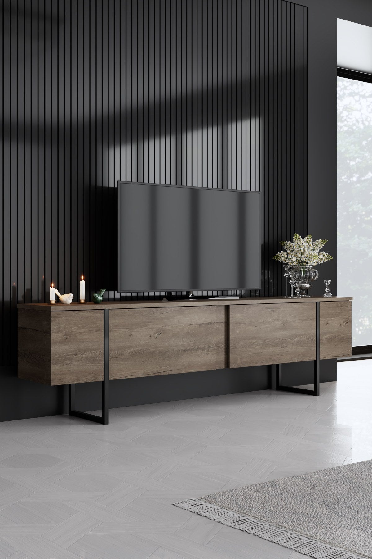 Furniture Sets - Furniture Set Walnut Luxury - Coffee Table + TV Furniture + Dresser - Black Frame - Dimehouse