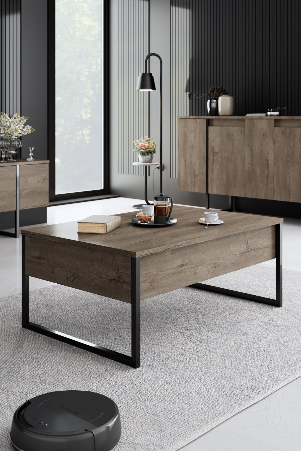 Furniture Sets - Furniture Set Walnut Luxury - Coffee Table + TV Furniture + Dresser - Black Frame - Dimehouse