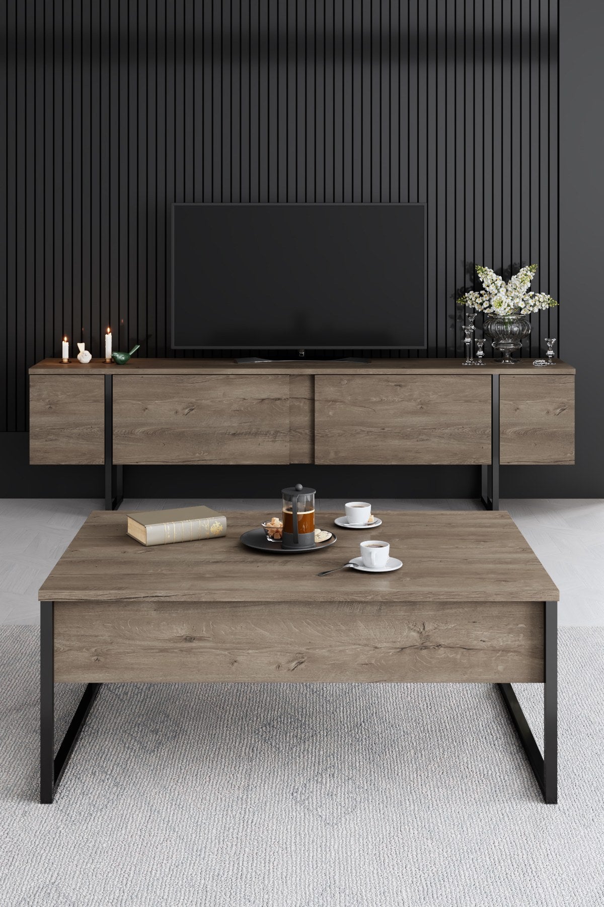 Furniture Sets - Furniture Set Walnut Luxury - Coffee Table + TV Furniture + Dresser - Black Frame - Dimehouse