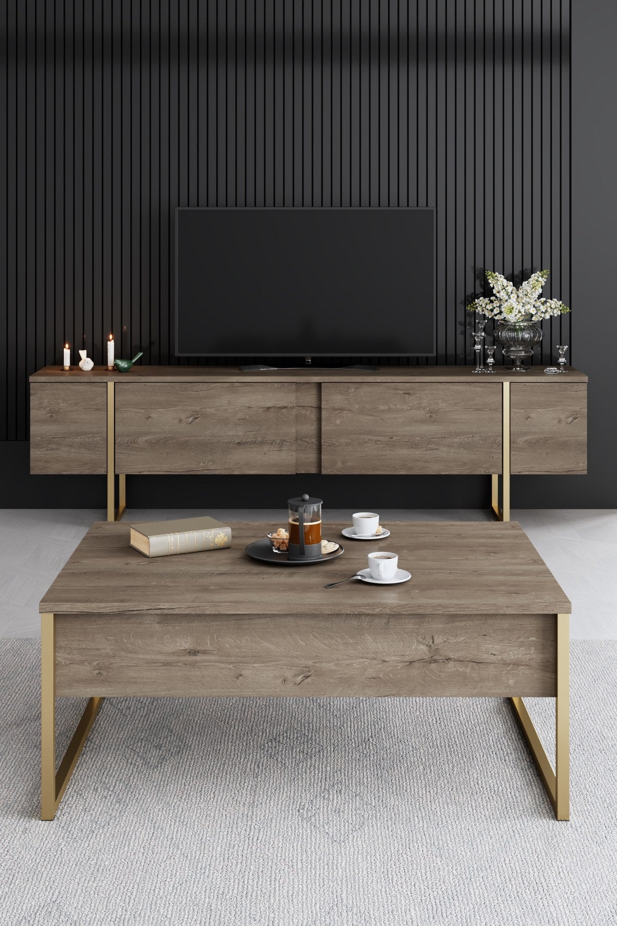 Furniture Sets - Furniture Set Walnut Luxury - Coffee Table + TV Furniture + Sideboard - Golden Frame - Dimehouse