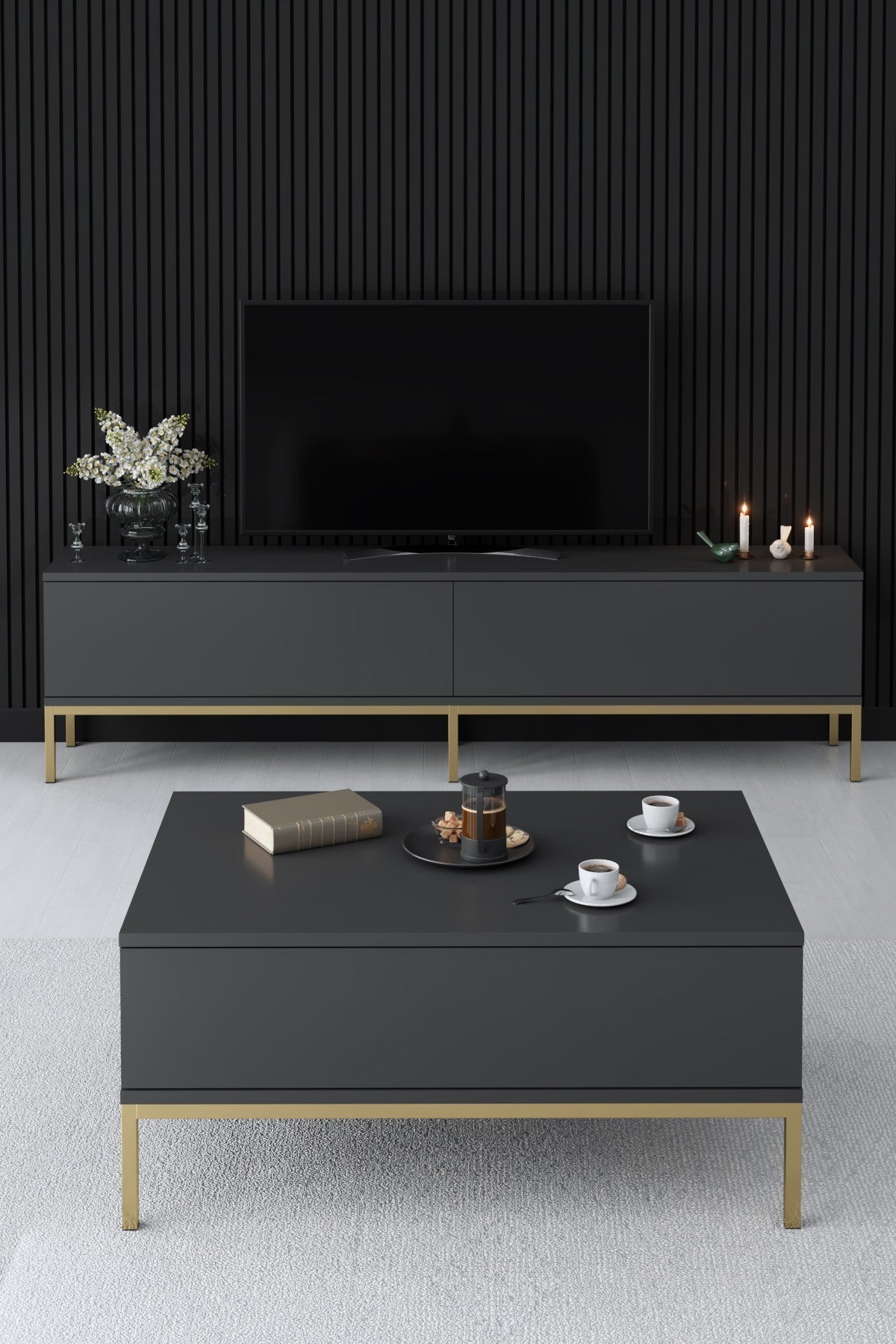 Coffee tables - Rectangular Coffee Table Anthracite Lord 90x60 - Golden Frame - Dimehouse