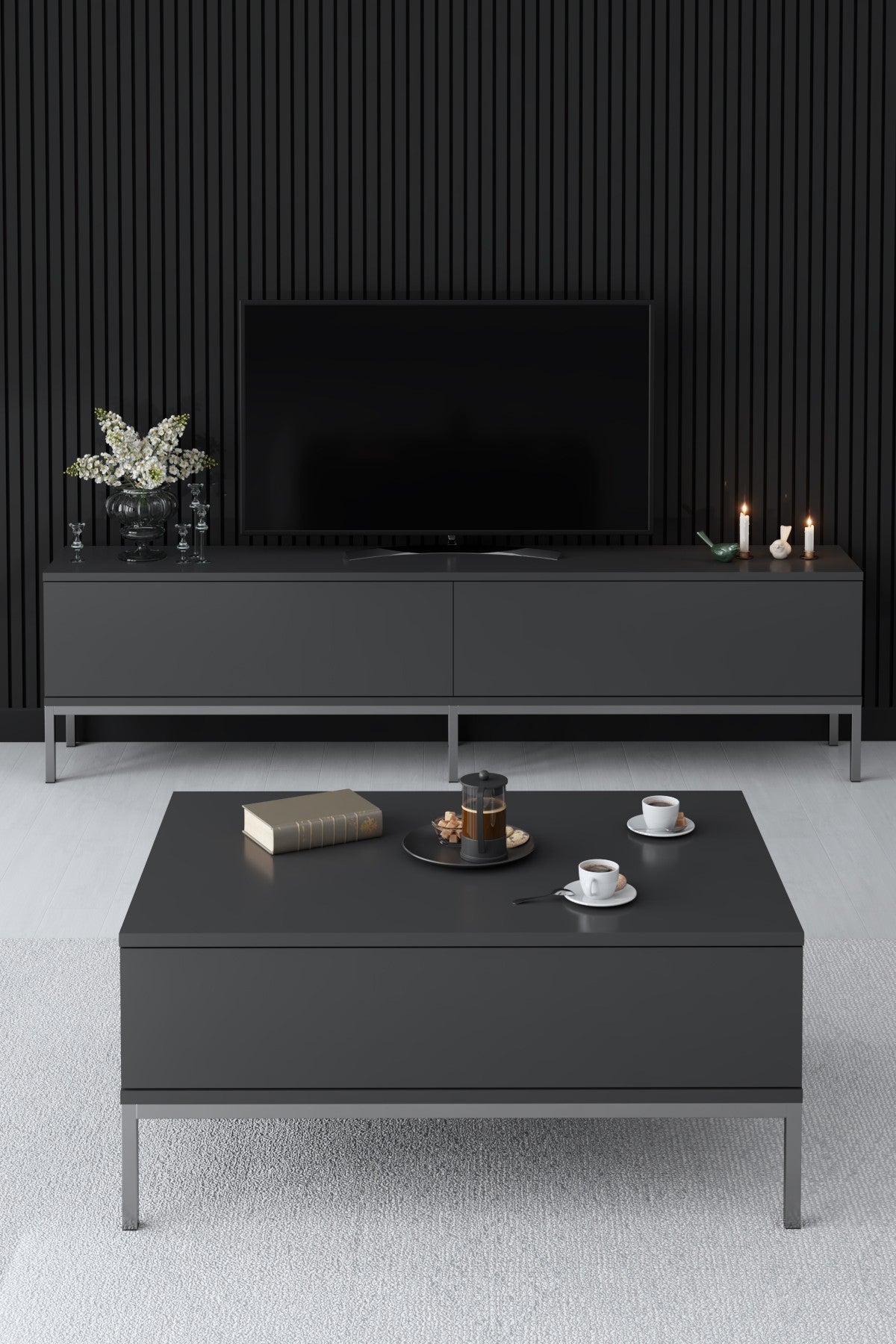 TV Furniture - TV Furniture Lord Anthracite Silver Melamine 180x47x30 cm - Dimehouse
