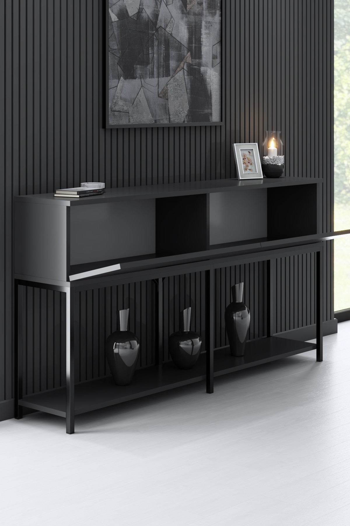 Sideboards - Modern Sideboard Anthracite Lord 150x30x80 - Black Frame - Two Compartments - Dimehouse