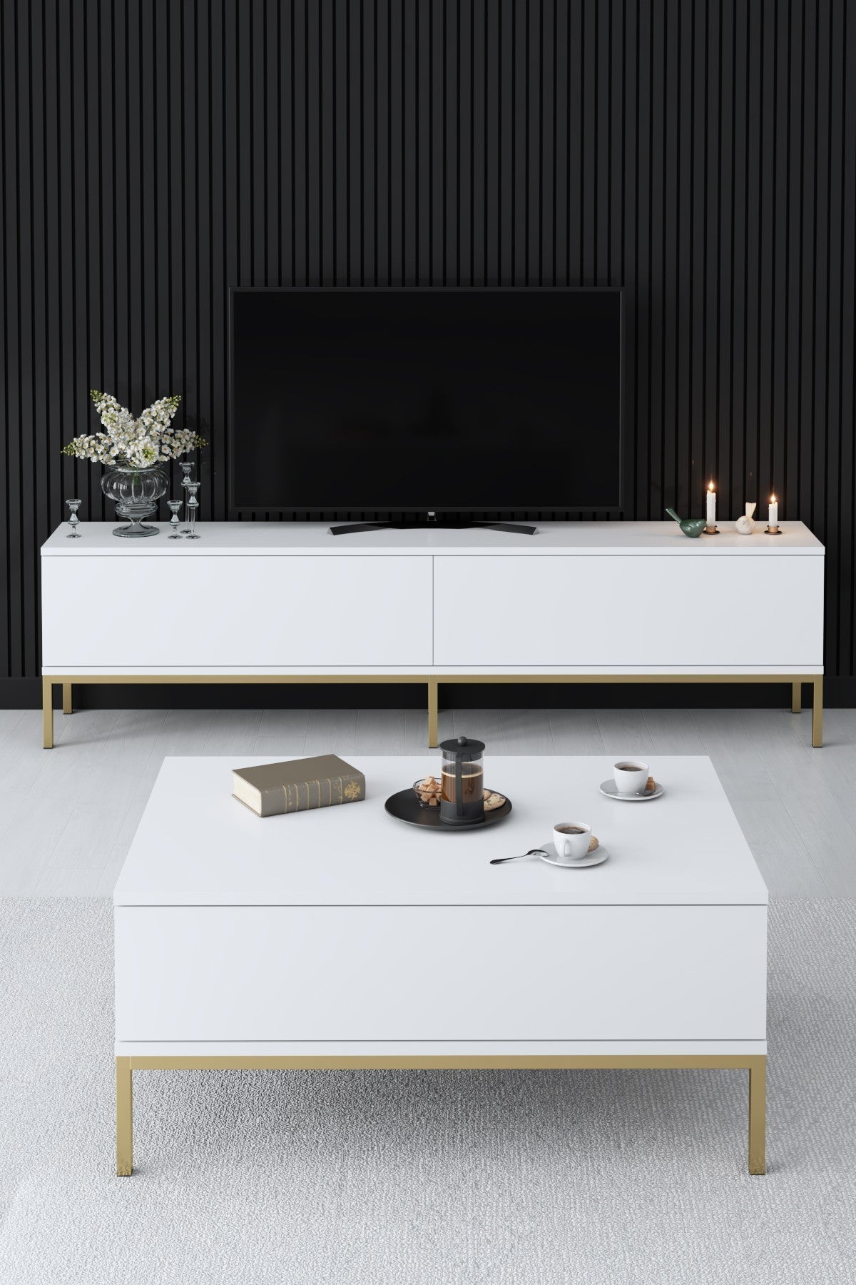 Coffee Tables - Rectangular Coffee Table White Lord 90x60 - Golden Frame - Dimehouse