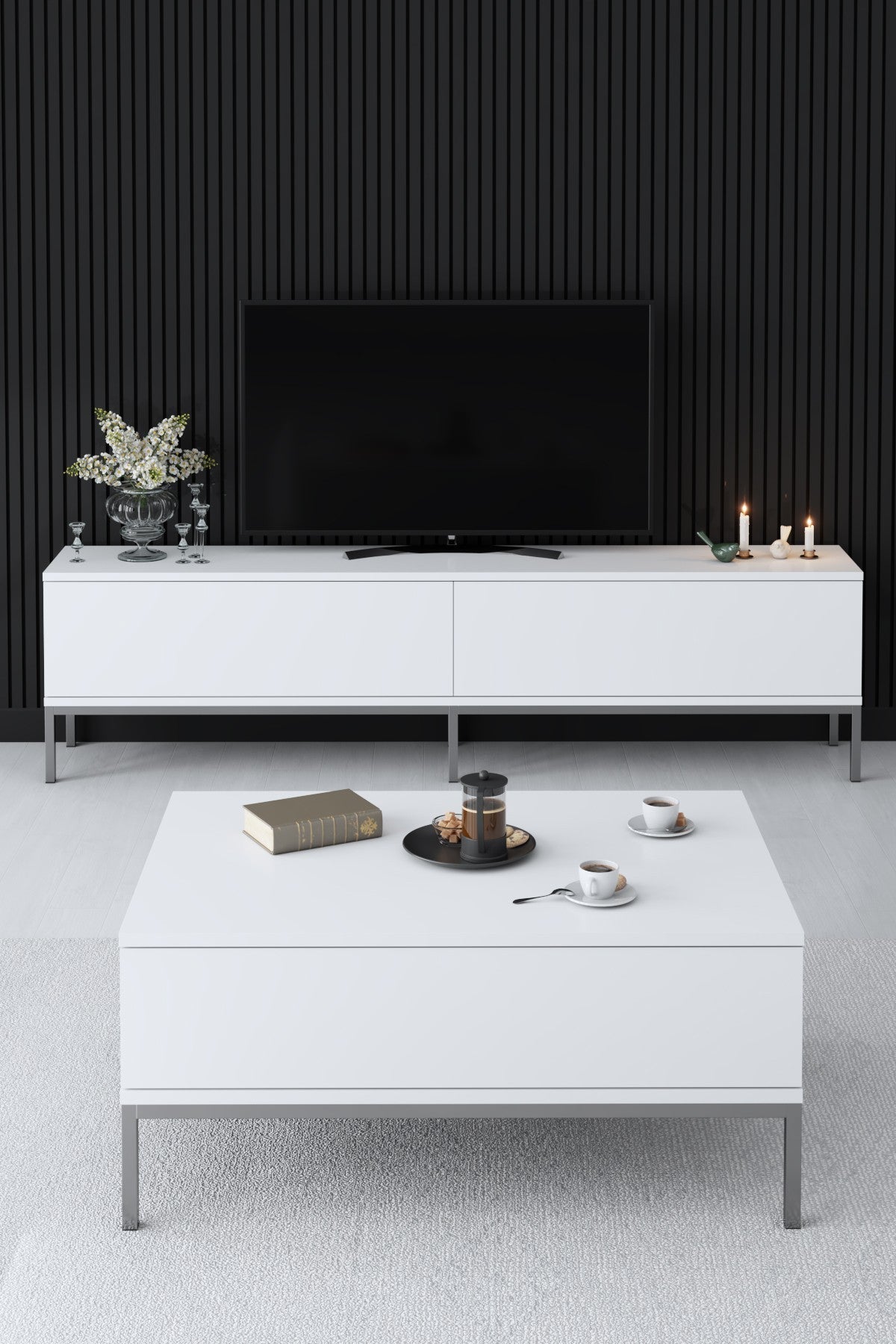 Coffee Tables - Rectangular Coffee Table White Lord 90x60 - Silver Frame - Dimehouse
