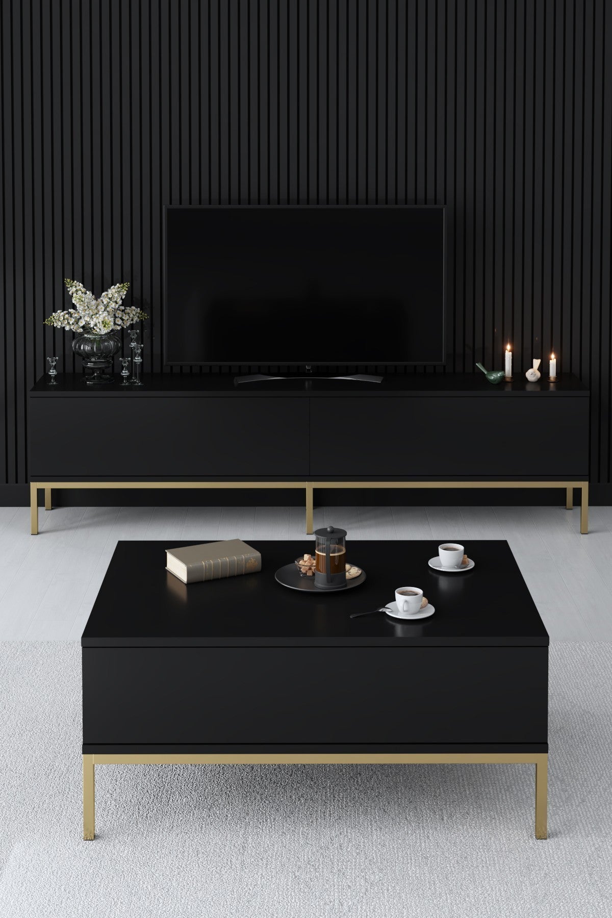 Coffee tables - Rectangular Coffee Table Black Lord 90x60 - Golden Frame - Dimehouse
