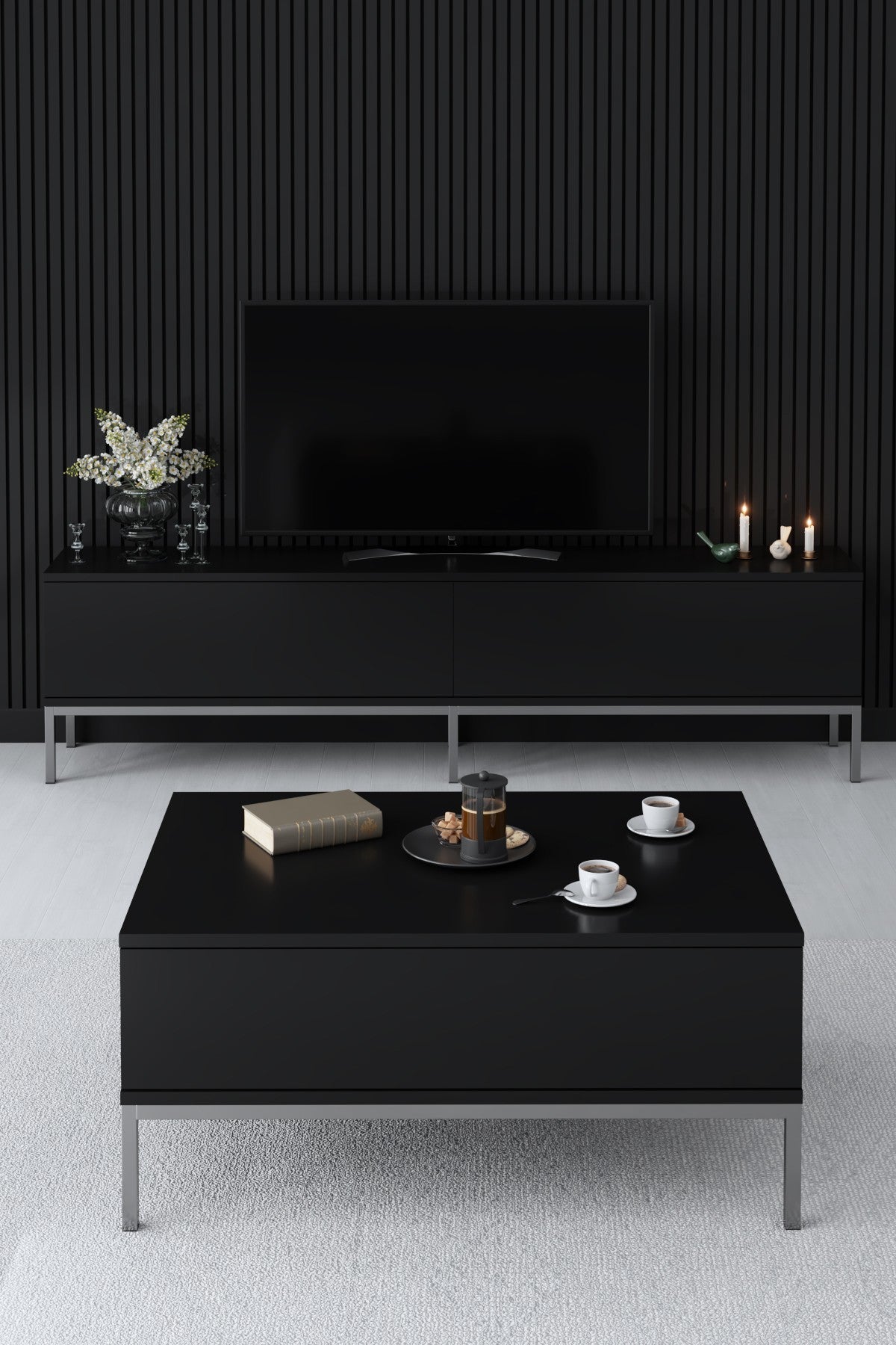 Coffee tables - Rectangular Coffee Table Black Lord 90x60 - Silver Frame - Dimehouse