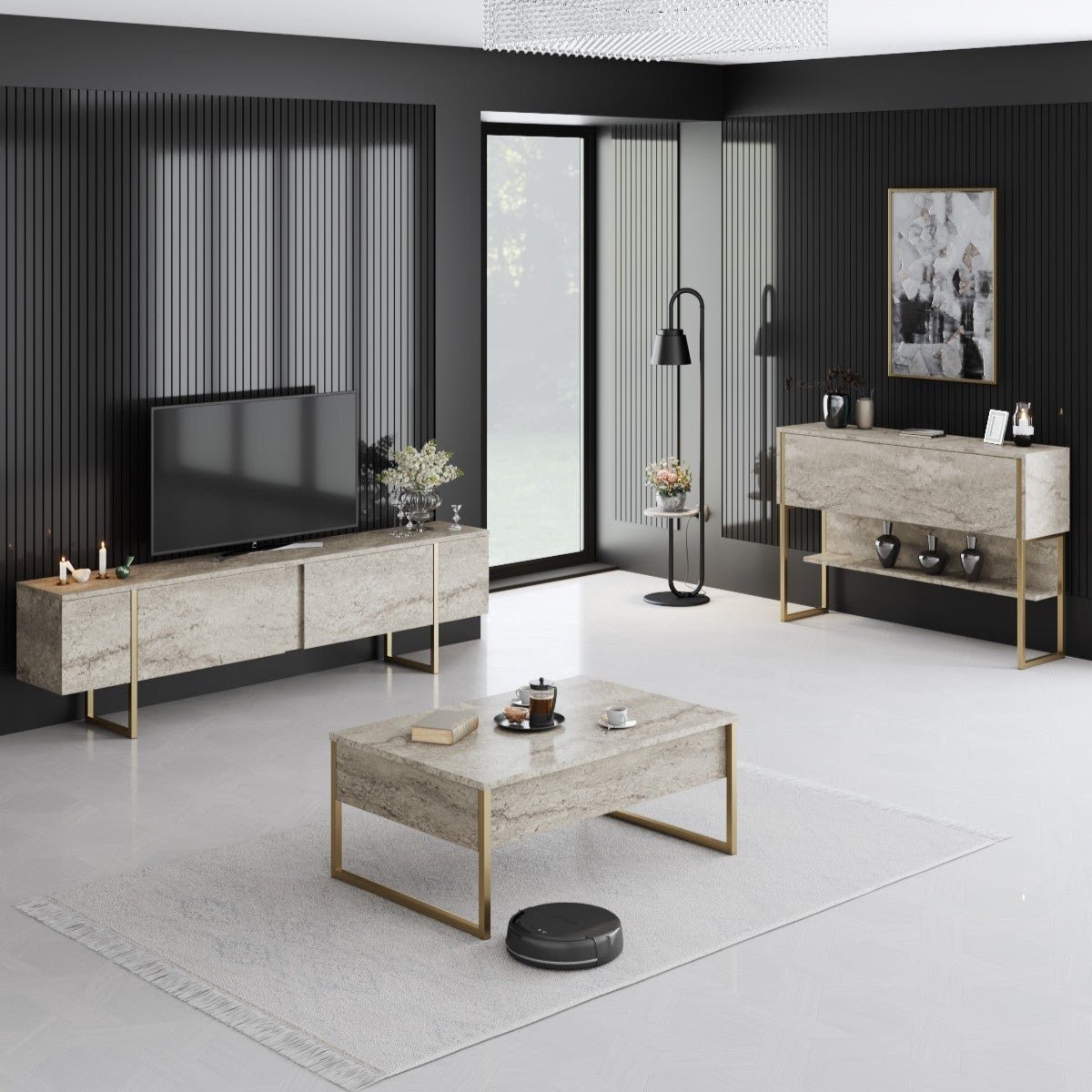 Furniture sets - Furniture set Travertine Luxury - Coffee table + TV Furniture + Dresser Luxury - Gold Frame - Dimehouse