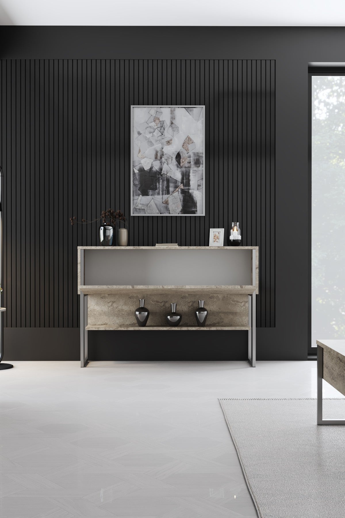 Furniture Sets - Furniture Set Travertine Luxury - Coffee Table + TV Furniture + Sideboard - Silver Frame - Dimehouse
