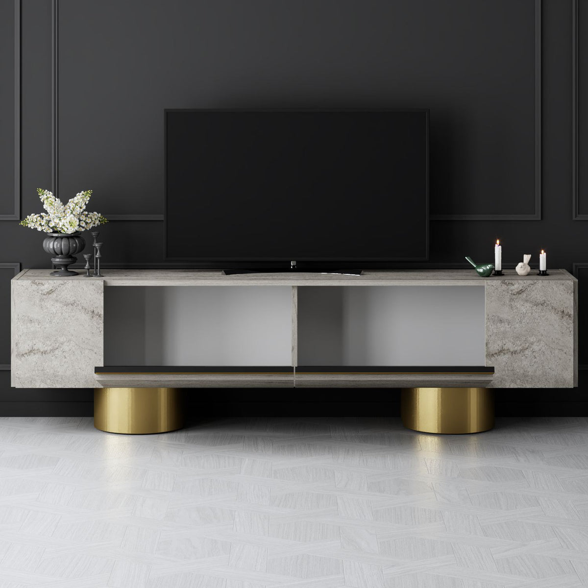 TV Furniture - TV Furniture Travertine Bohem 180x50x30 - Golden Frame - Dimehouse