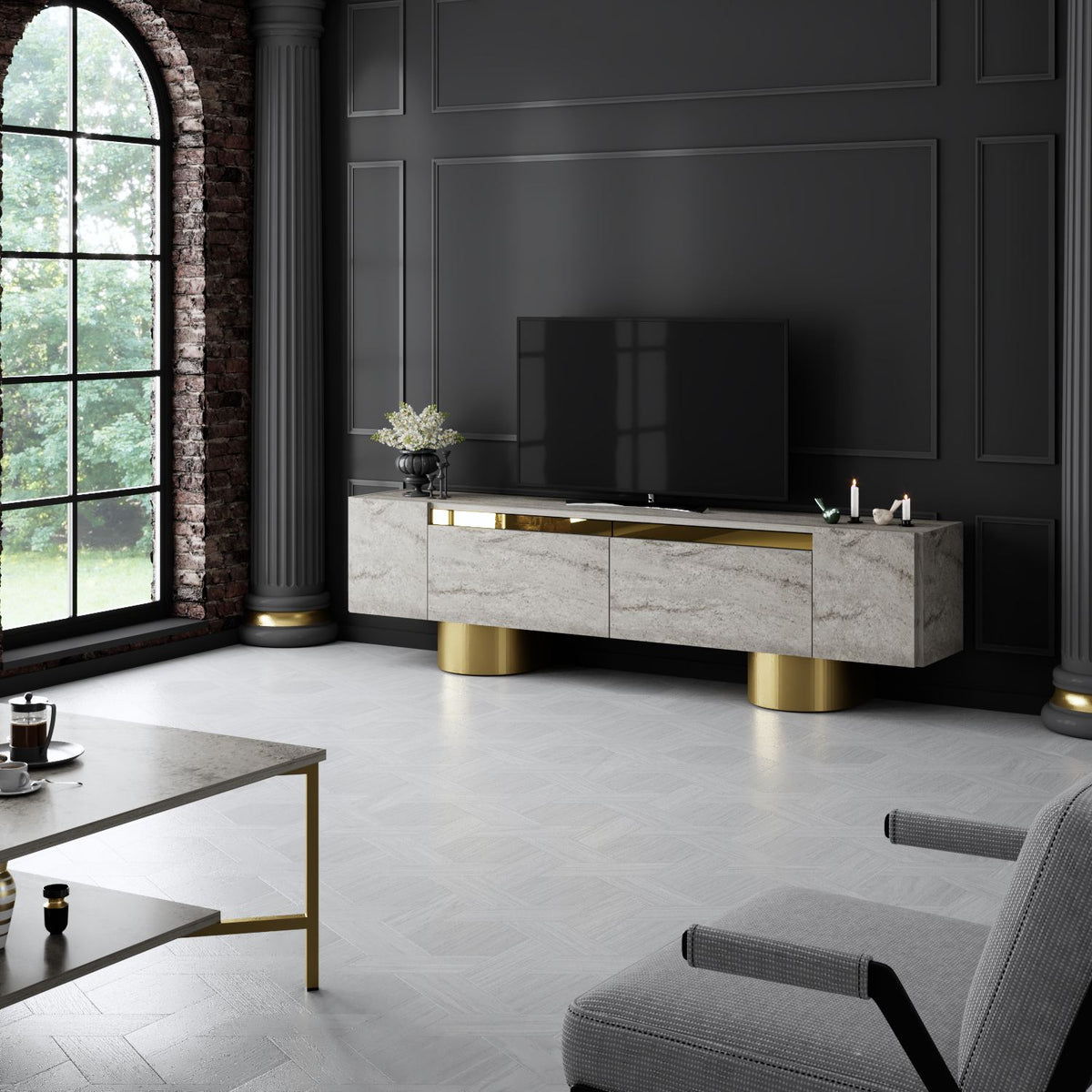 TV Furniture - TV Furniture Travertine Bohem 180x50x30 - Golden Frame - Dimehouse