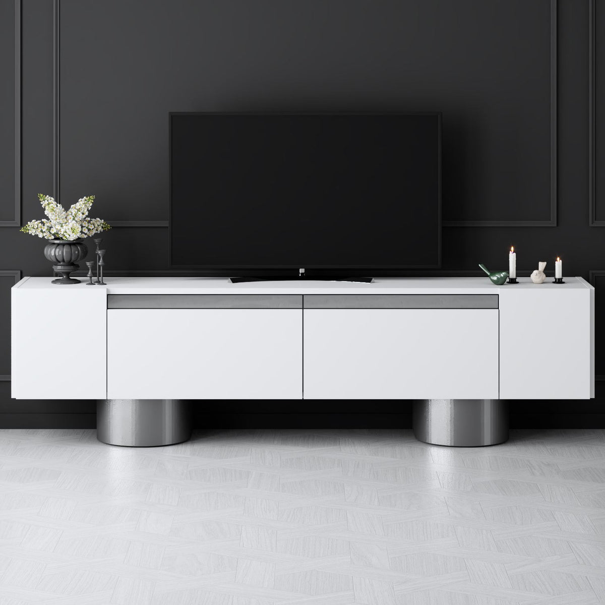 TV Furniture - TV Furniture White Bohem 180x50x30 - Silver Frame - Dimehouse