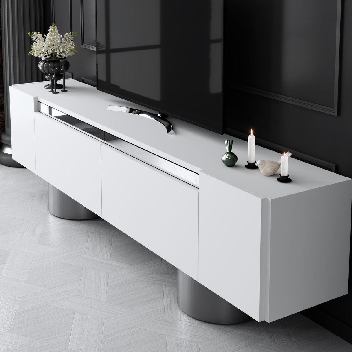 TV Furniture - TV Furniture White Bohem 180x50x30 - Silver Frame - Dimehouse