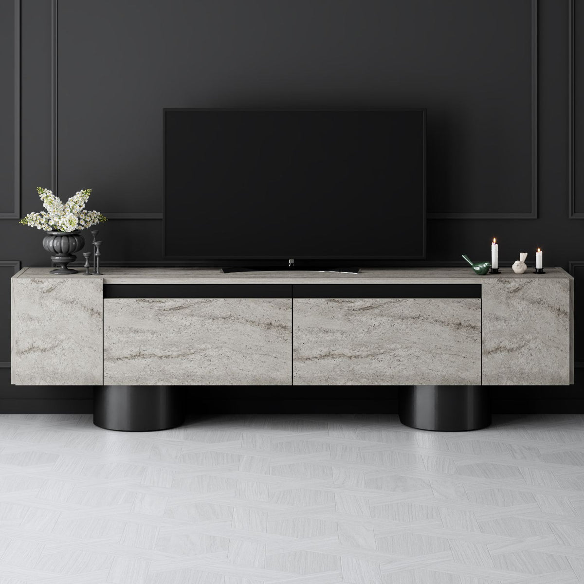 TV Furniture - TV Furniture Travertine Bohem 180x50x30 - Black Frame - Dimehouse