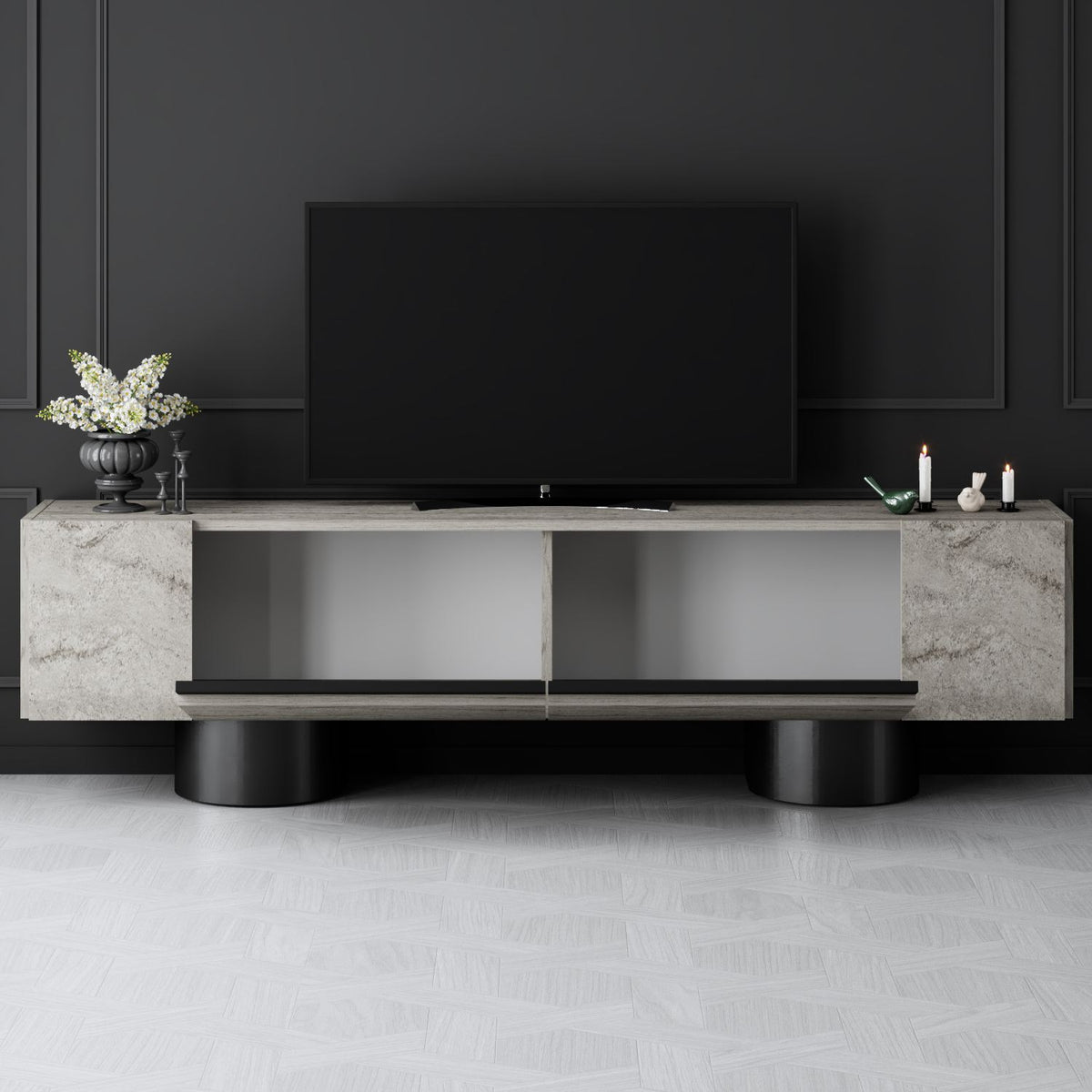 TV Furniture - TV Furniture Travertine Bohem 180x50x30 - Black Frame - Dimehouse