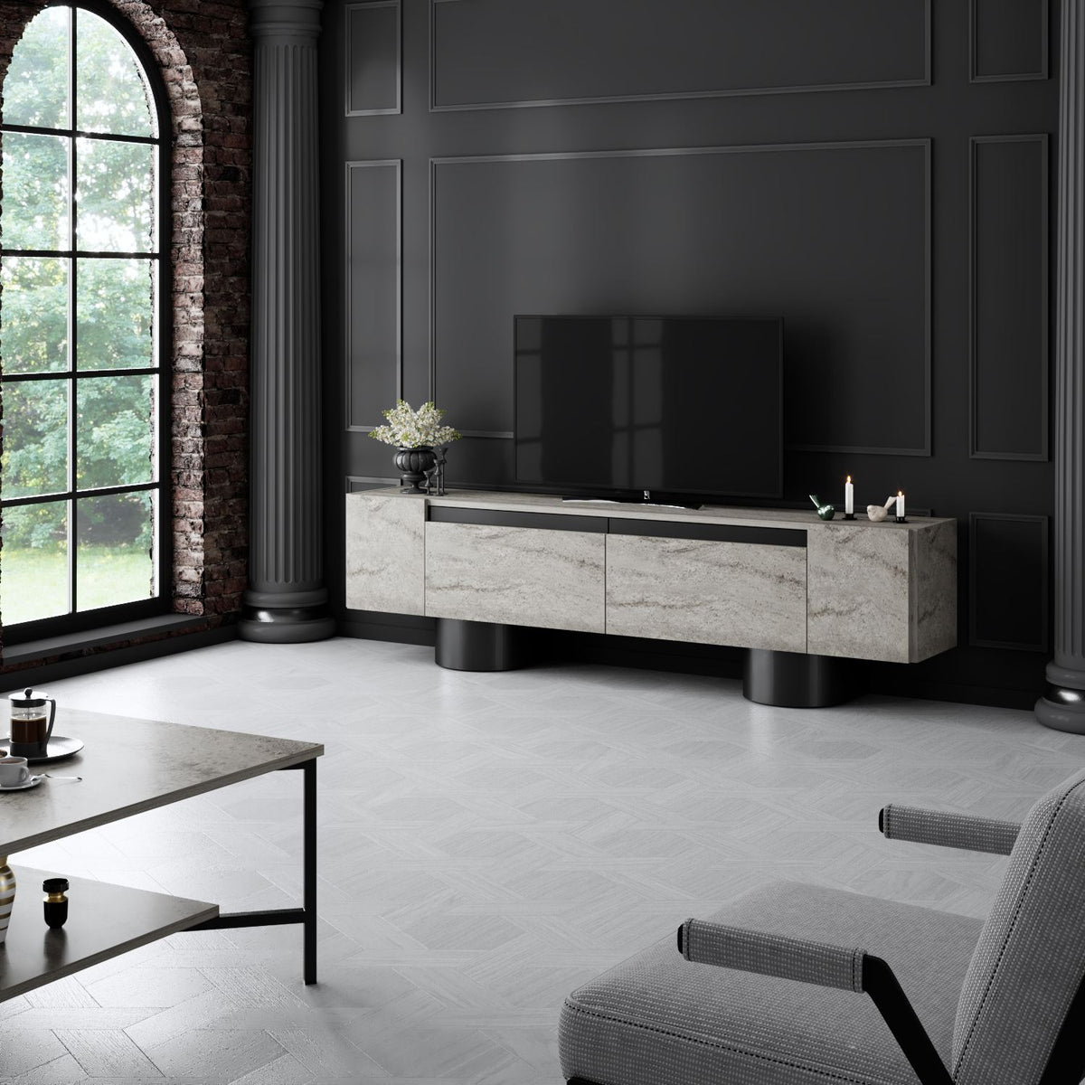 TV Furniture - TV Furniture Travertine Bohem 180x50x30 - Black Frame - Dimehouse