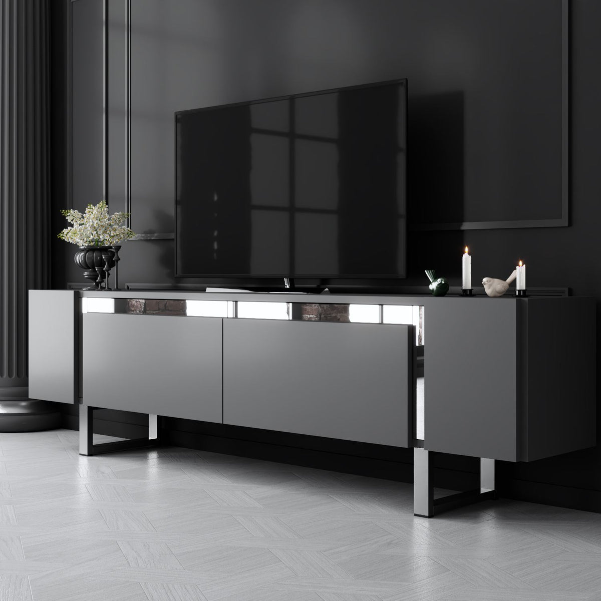TV Furniture - TV Furniture Anthracite Yildiz 180x50x30 - Silver Frame - Dimehouse