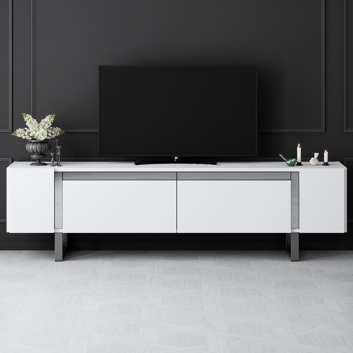 TV Furniture - TV Furniture White Yildiz 180x50x30 - Silver Frame - Dimehouse