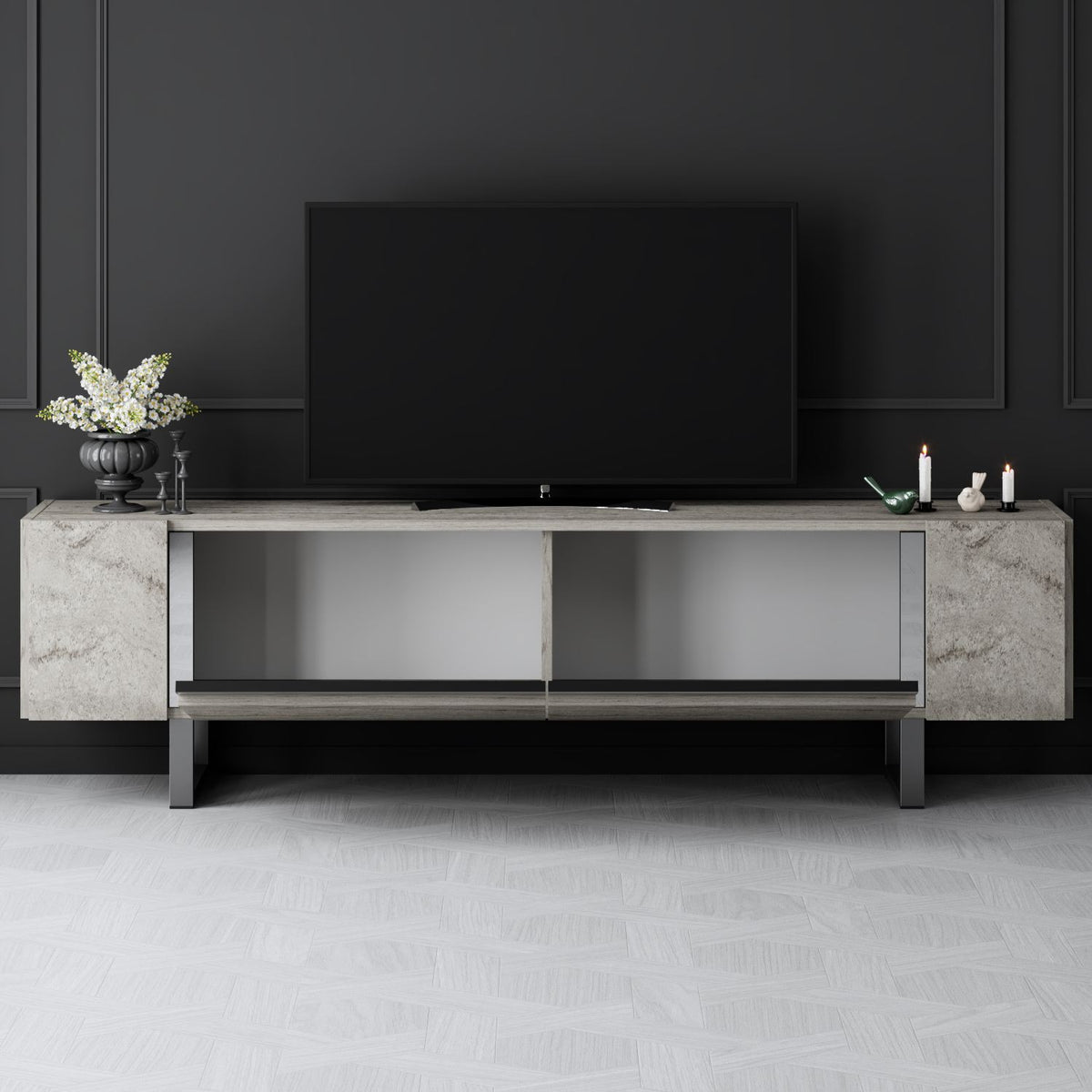 TV Furniture - TV Furniture Travertine Yildiz 180x50x30 - Silver Frame - Dimehouse