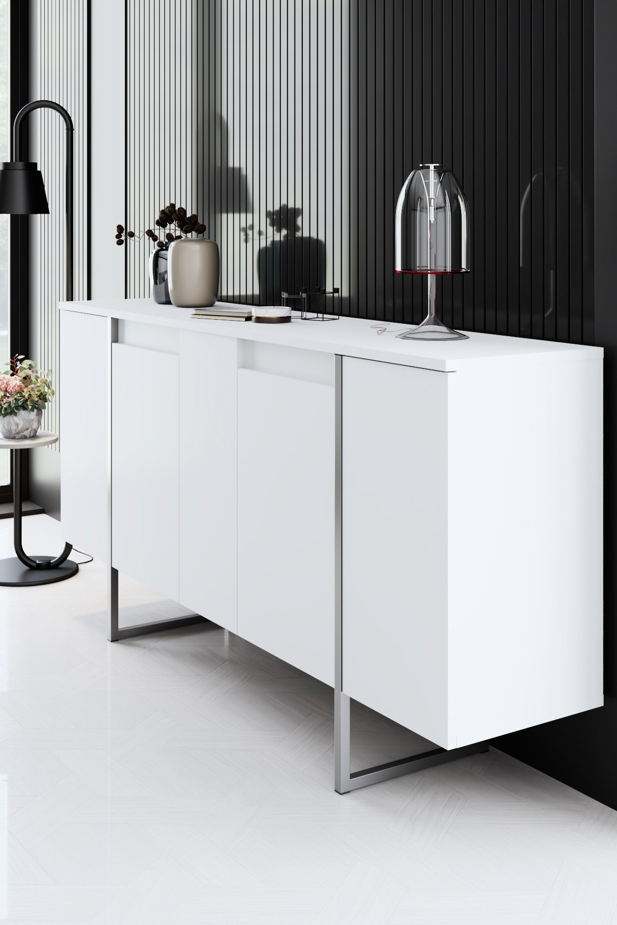 Sideboards - Modern Sideboard White Luxury 160x80x35 - Silver Frame - Dimehouse