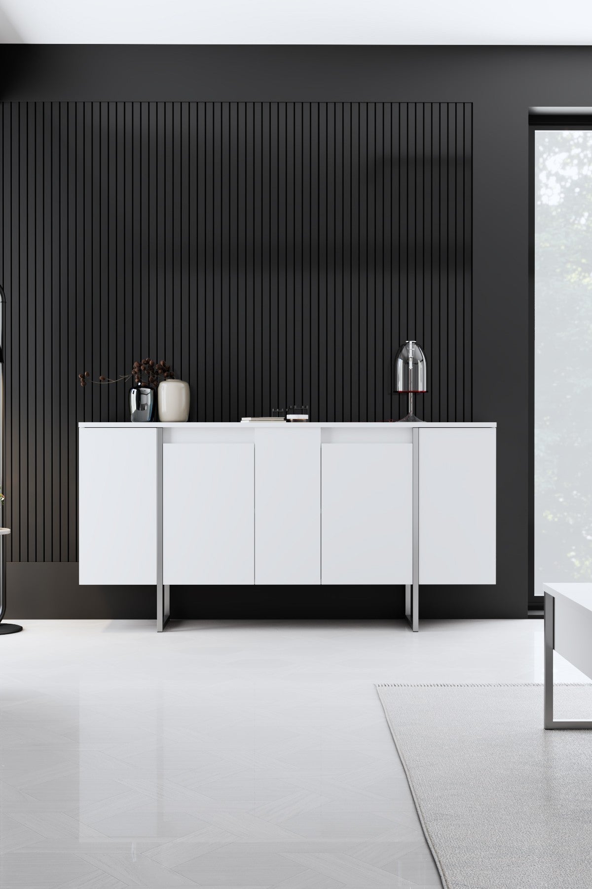 Sideboards - Modern Sideboard White Luxury 160x80x35 - Silver Frame - Dimehouse