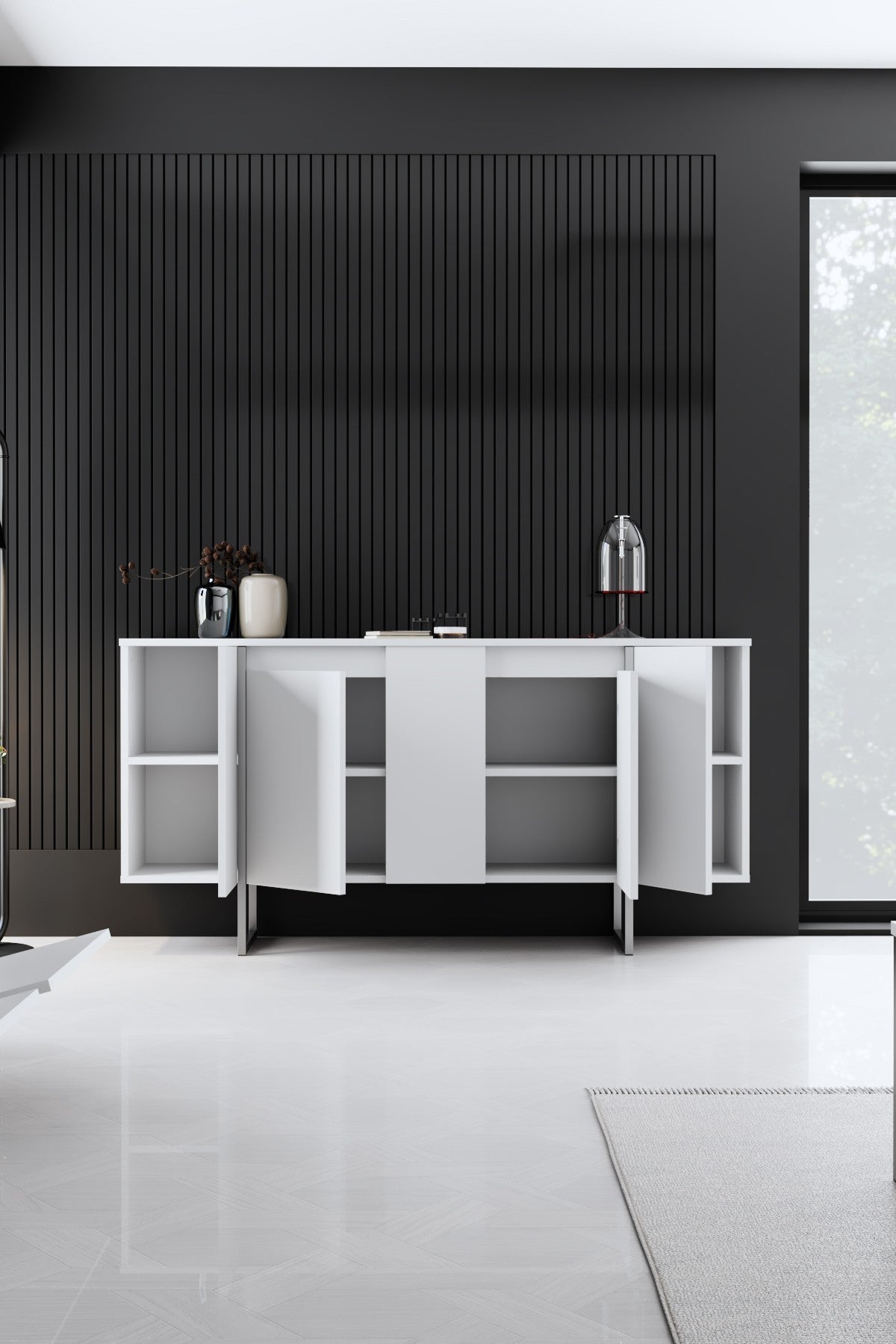 Sideboards - Modern Sideboard White Luxury 160x80x35 - Silver Frame - Dimehouse
