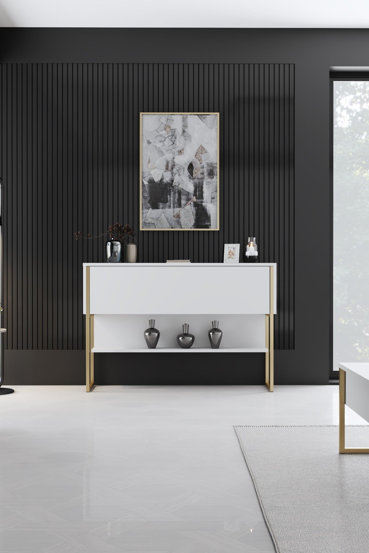 Sideboards - Modern Sideboard White Luxury 120x80x30 - Golden Frame - One Compartment - Dimehouse