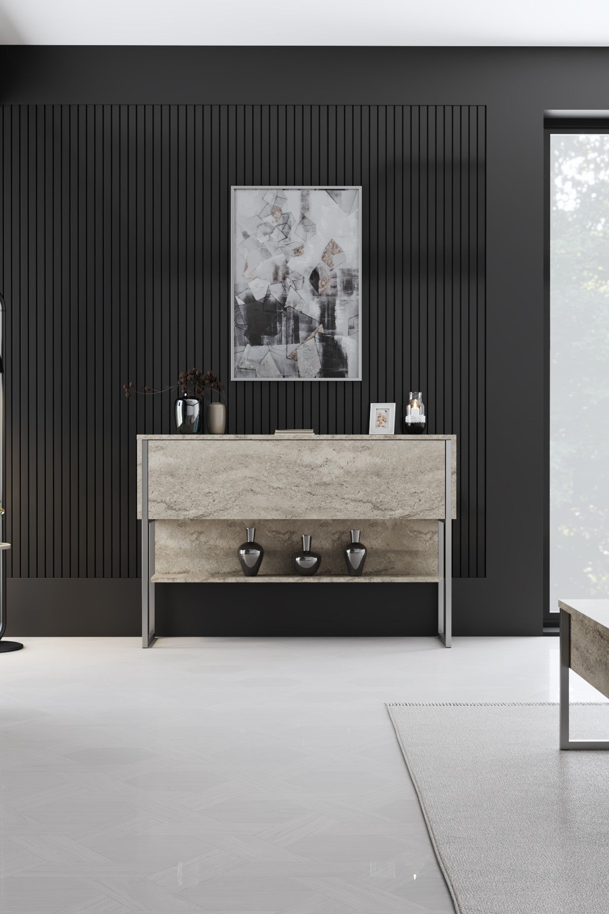 Sideboards - Modern Sideboard Travertine Luxury 120x80x30 - Silver Frame - One Compartment - Dimehouse