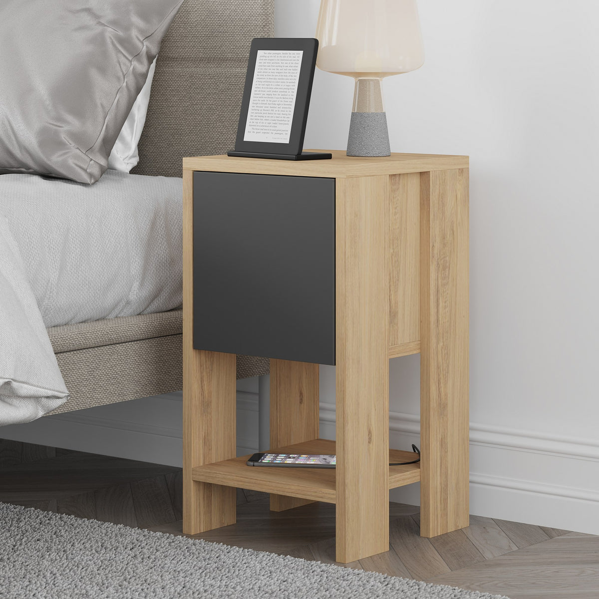 Bedside tables - Bedside table Ema Oak Anthracite Melamine 30x55x30 cm - Dimehouse