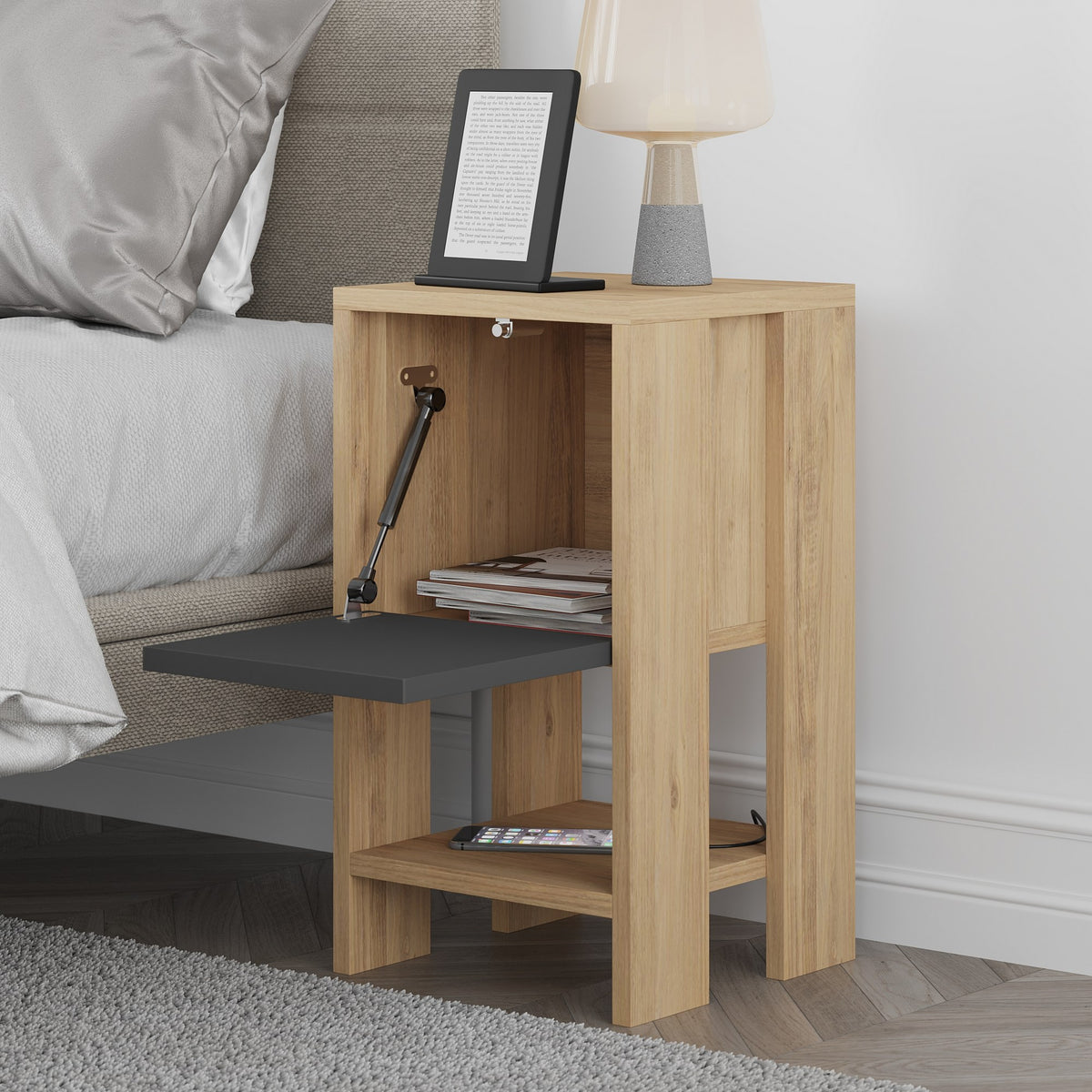 Bedside tables - Bedside table Ema Oak Anthracite Melamine 30x55x30 cm - Dimehouse