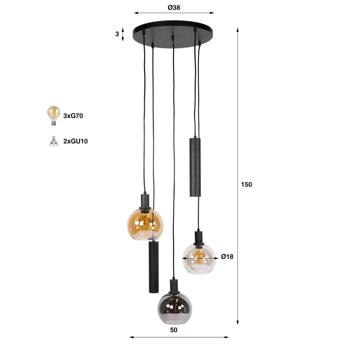 Hanging lamps - Hanging lamp 5 - light stepped colored glass black metal Valeo - Dimehouse