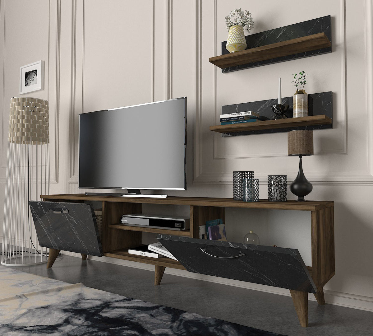 TV Furniture - TV Furniture Set Ayden Walnut Marble Melamine 150x40.6x29.5 cm - Dimehouse