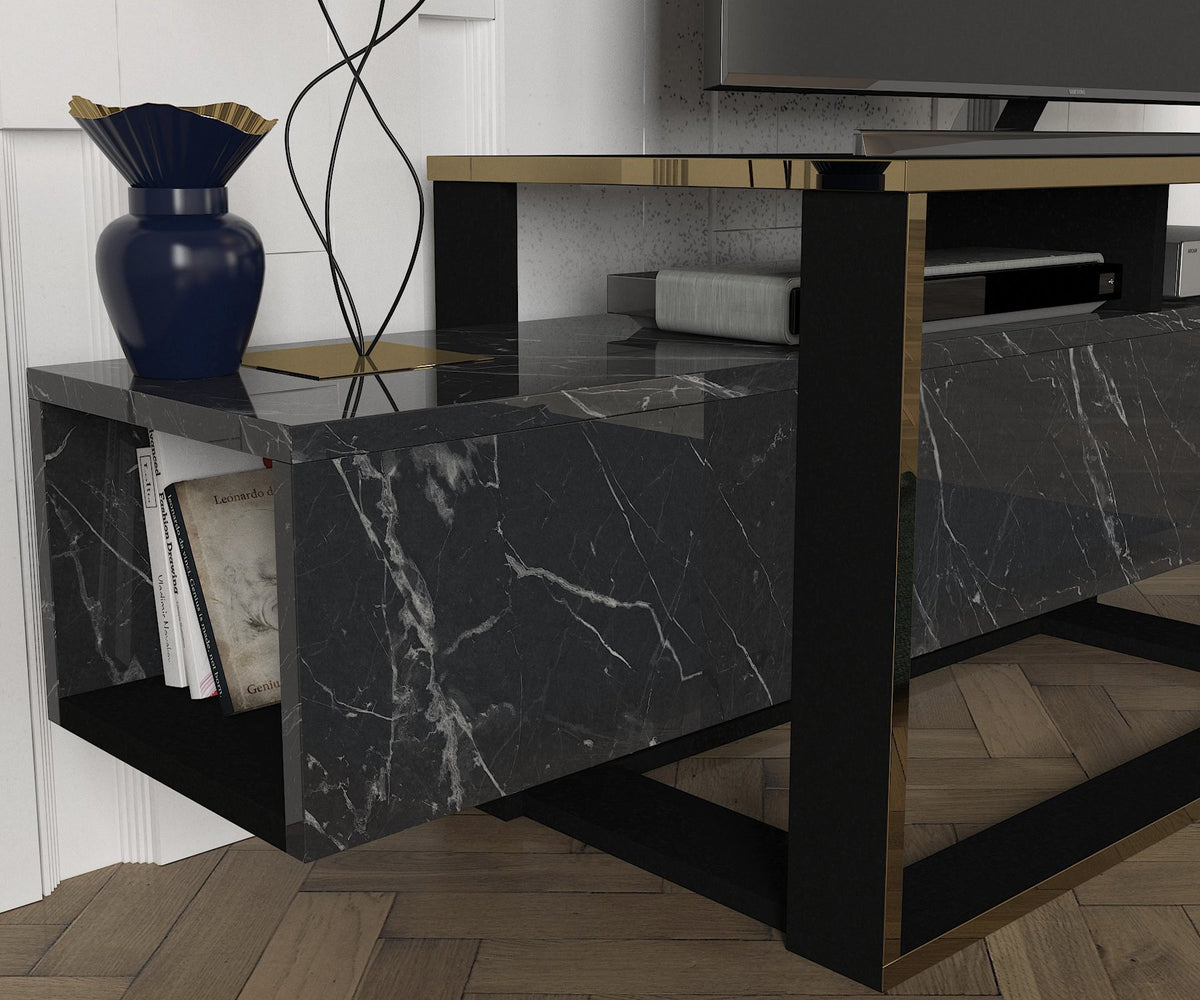 TV Furniture - TV Furniture Bianco Black Gold Melamine 160x49.8x46.1 cm - Dimehouse