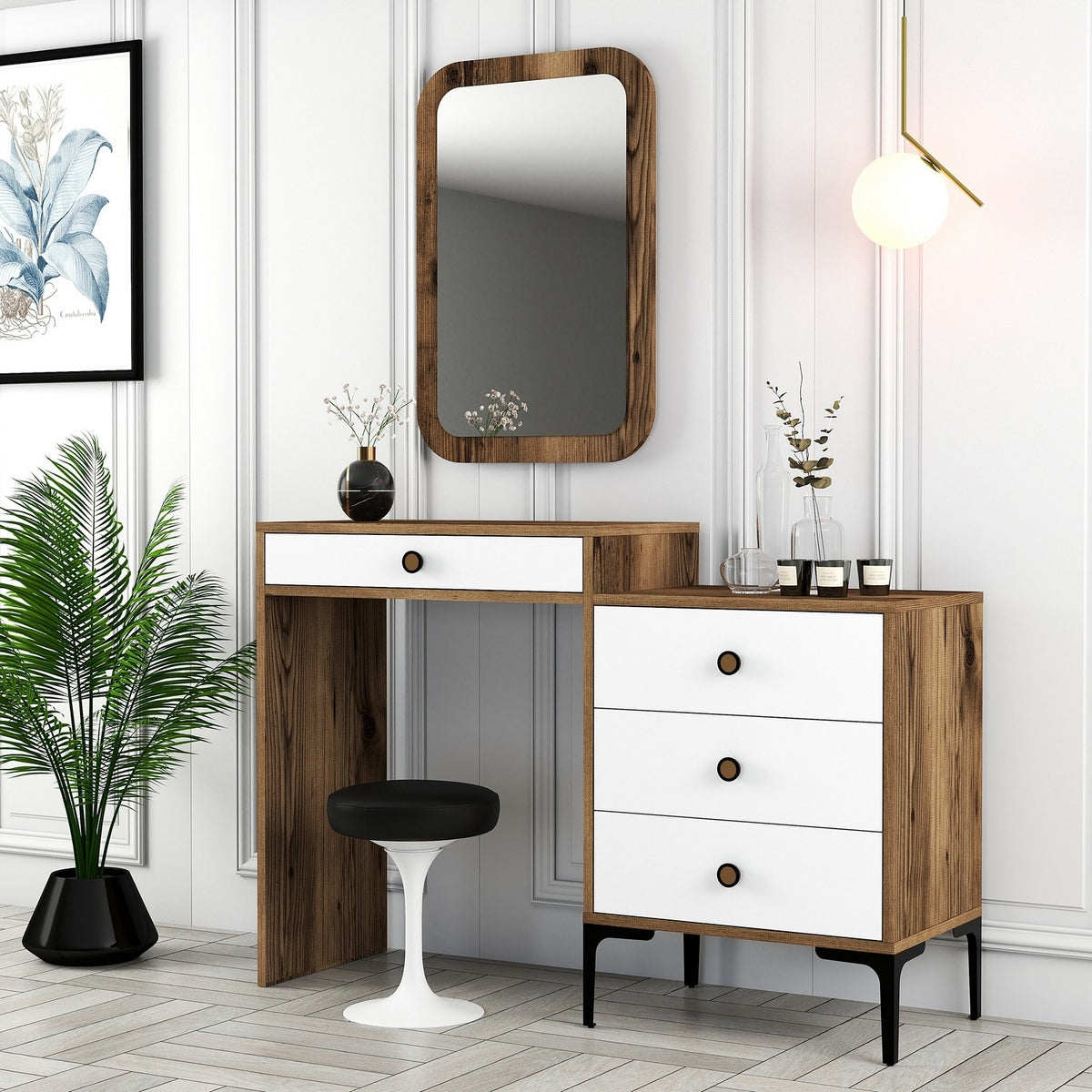 Chests of drawers - Chest of drawers Dressing table Lizbon Walnut White Melamine 124x84.7x40 cm - Dimehouse