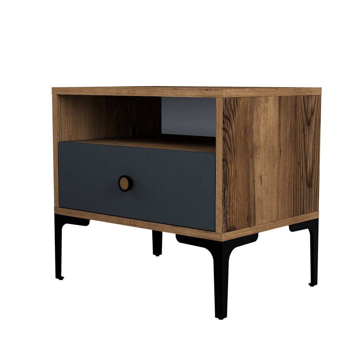 Bedside tables - Bedside table Lizbon Walnut Anthracite Melamine 56x50.8x40 cm - Dimehouse