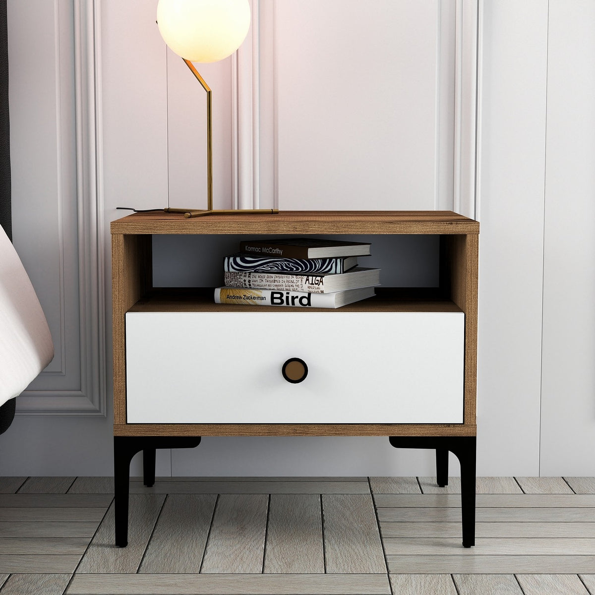 Bedside tables - Bedside table Lizbon Walnut White Melamine 56x50.8x40 cm - Dimehouse