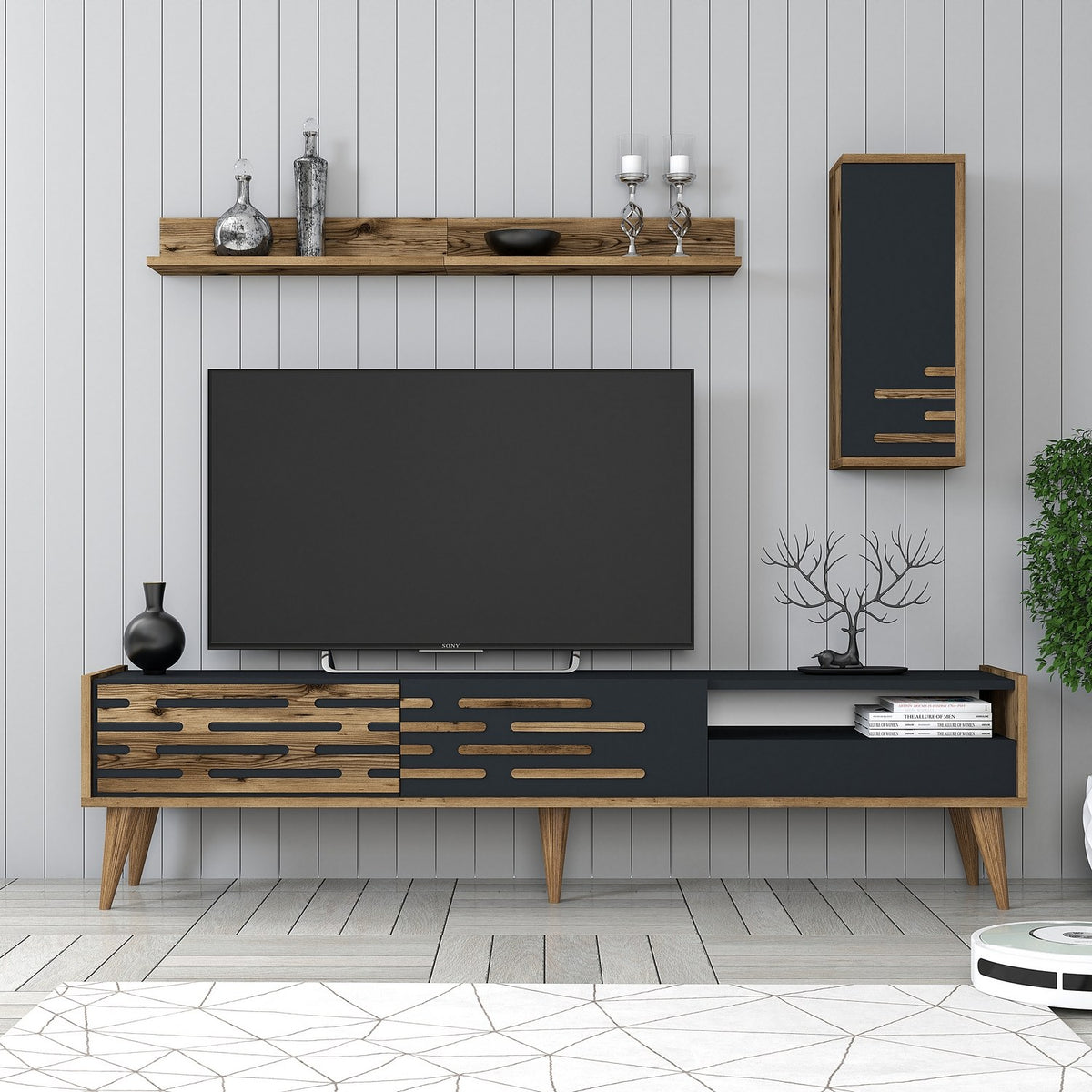TV Furniture - TV Furniture Set Valensiya Walnut Anthracite Melamine 180x35x45 cm - Dimehouse