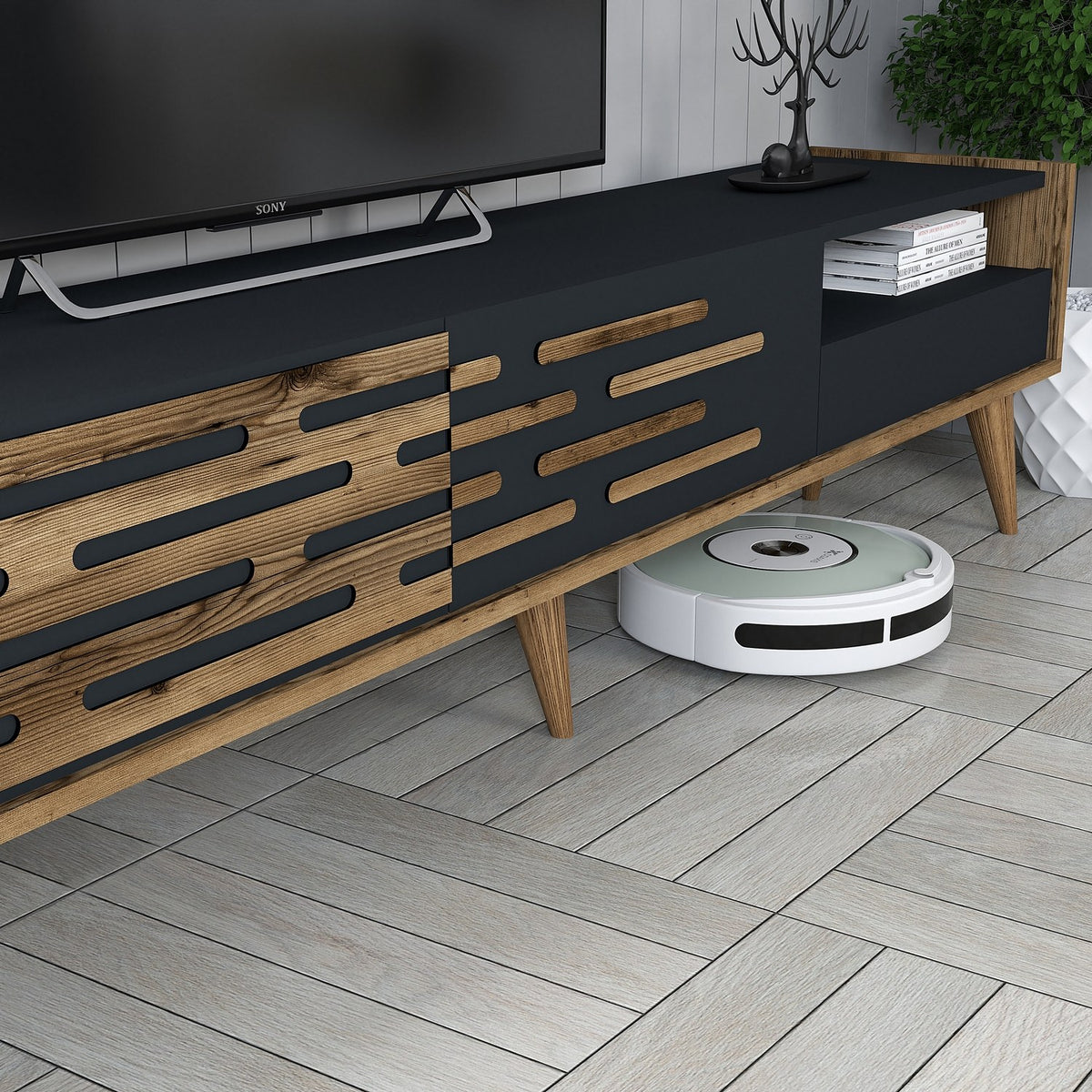 TV Furniture - TV Furniture Set Valensiya Walnut Anthracite Melamine 180x35x45 cm - Dimehouse