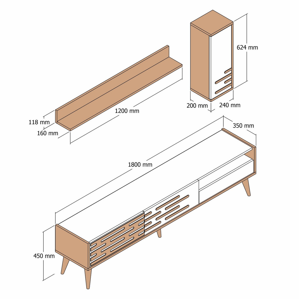 TV Furniture - TV Furniture Set Valensiya Walnut White Melamine 180x35x45 cm - Dimehouse