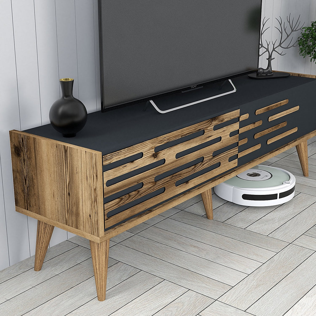 TV Furniture - TV Furniture Set Valensiya Walnut Anthracite Melamine 140x35x45 cm - Dimehouse