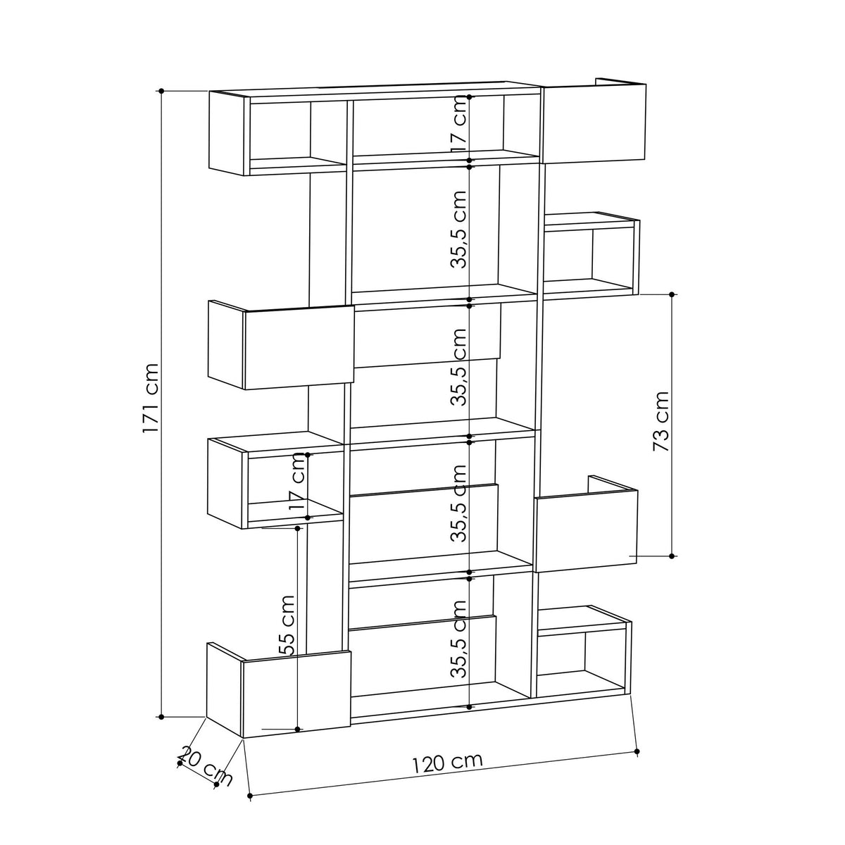 Bookcases - Modern bookcase with asymmetrical compartments white melamine Niho 120x171x20 cm - Dimehouse