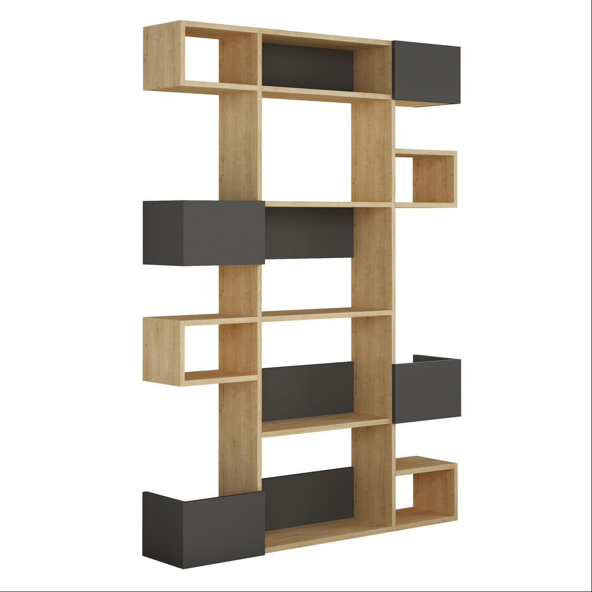 Bookcases - Modern bookcase with asymmetrical compartments oak anthracite melamine Niho 120x171x20 cm - Dimehouse