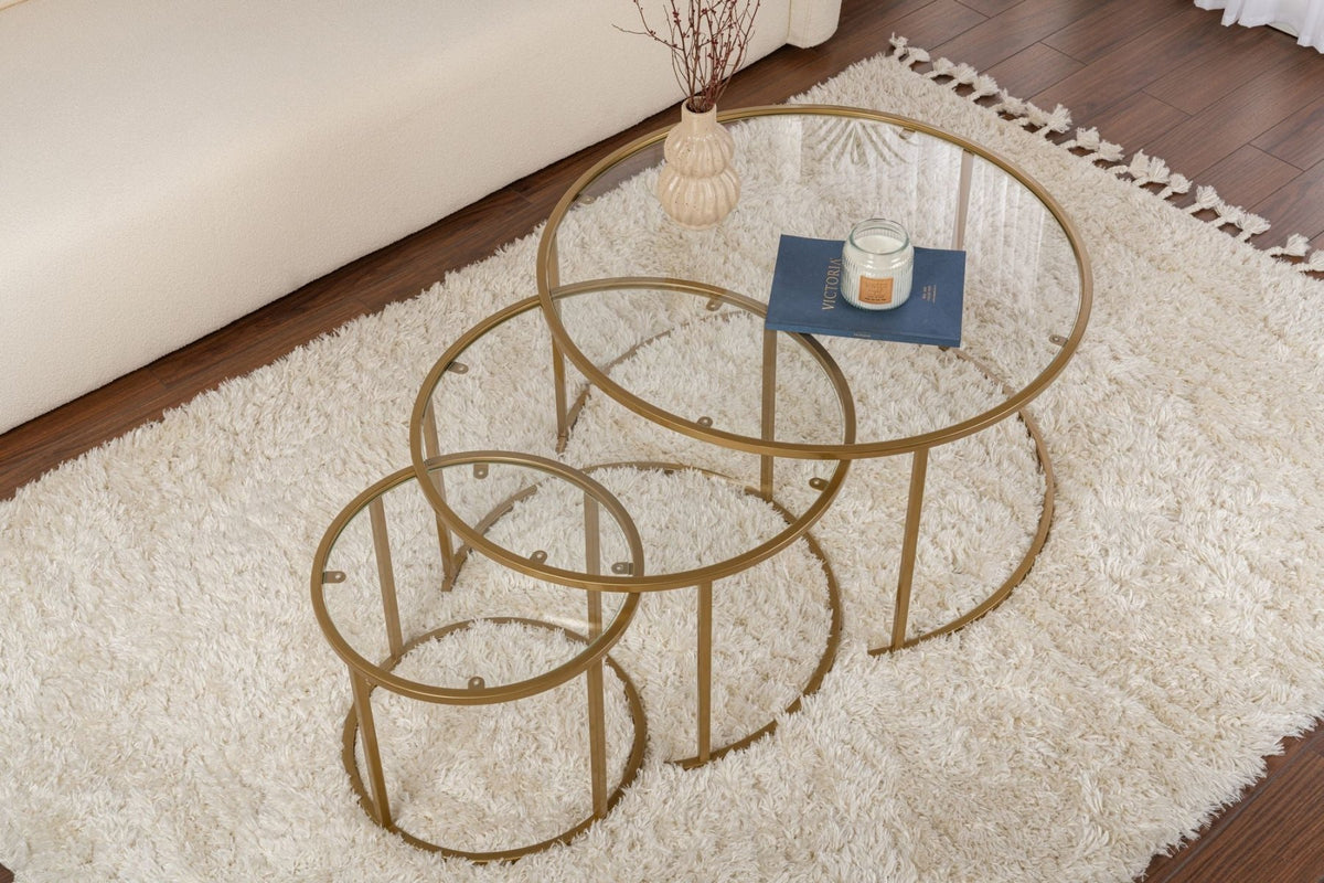 Coffee Tables - Modern Round Coffee Table Set of 3 Uru Gold - Transparent Glass - 80/60/42 cm - Dimehouse