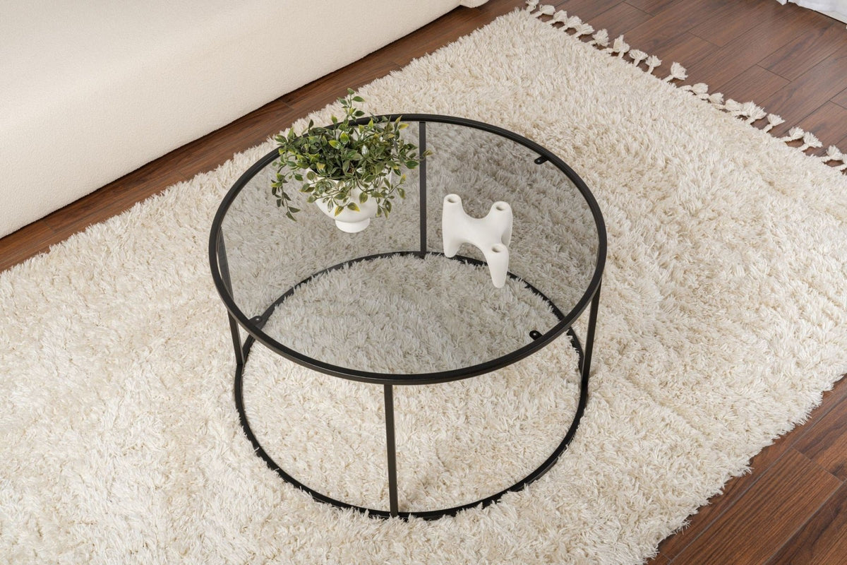 Coffee tables - Modern Round Coffee Table Uru Black - Gray Glass - 80 cm - Dimehouse