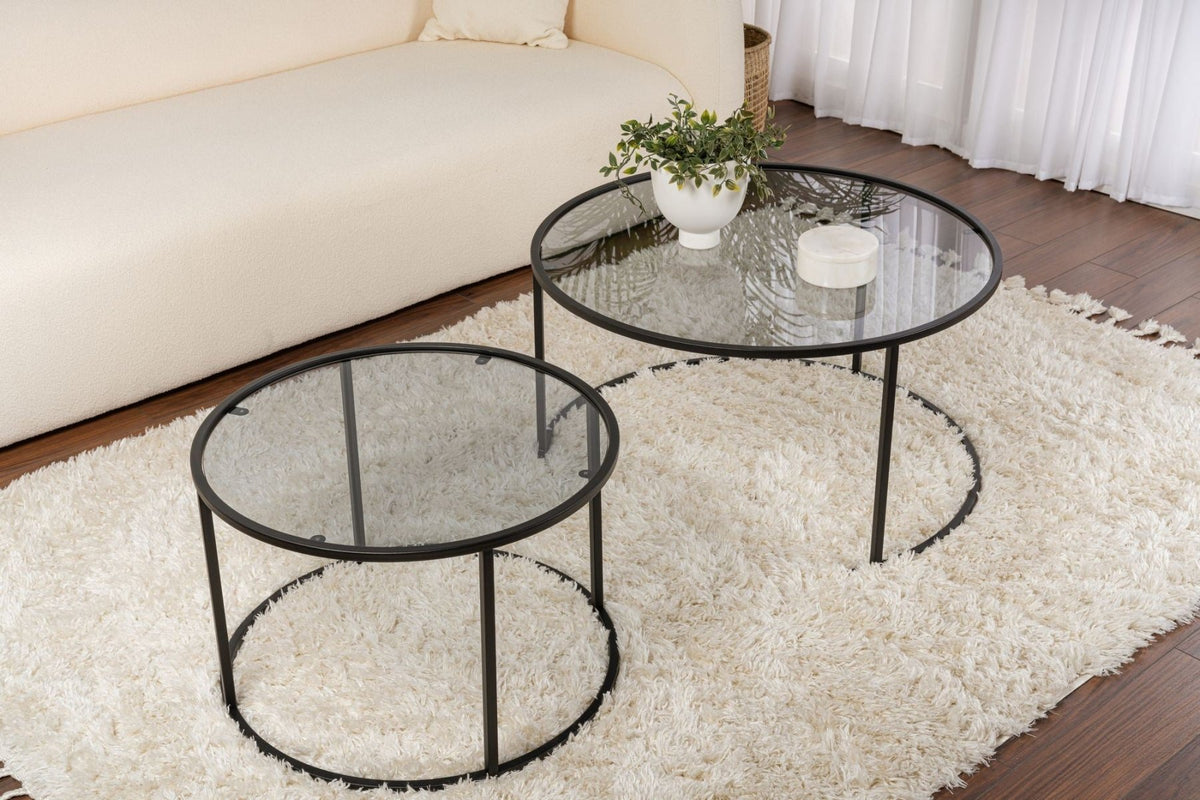 Coffee Tables - Modern Round Coffee Table Set of 2 Uru Black - Gray Glass - 80/60 cm - Dimehouse
