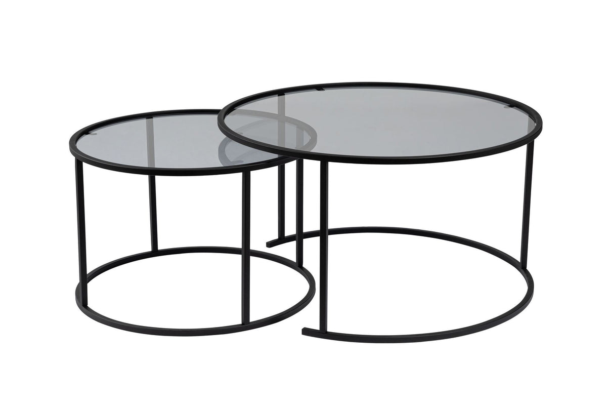 Coffee Tables - Modern Round Coffee Table Set of 2 Uru Black - Gray Glass - 80/60 cm - Dimehouse